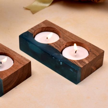 Wood and Epoxy Translucent Aqua Tea-Light Holder - 2 Piece